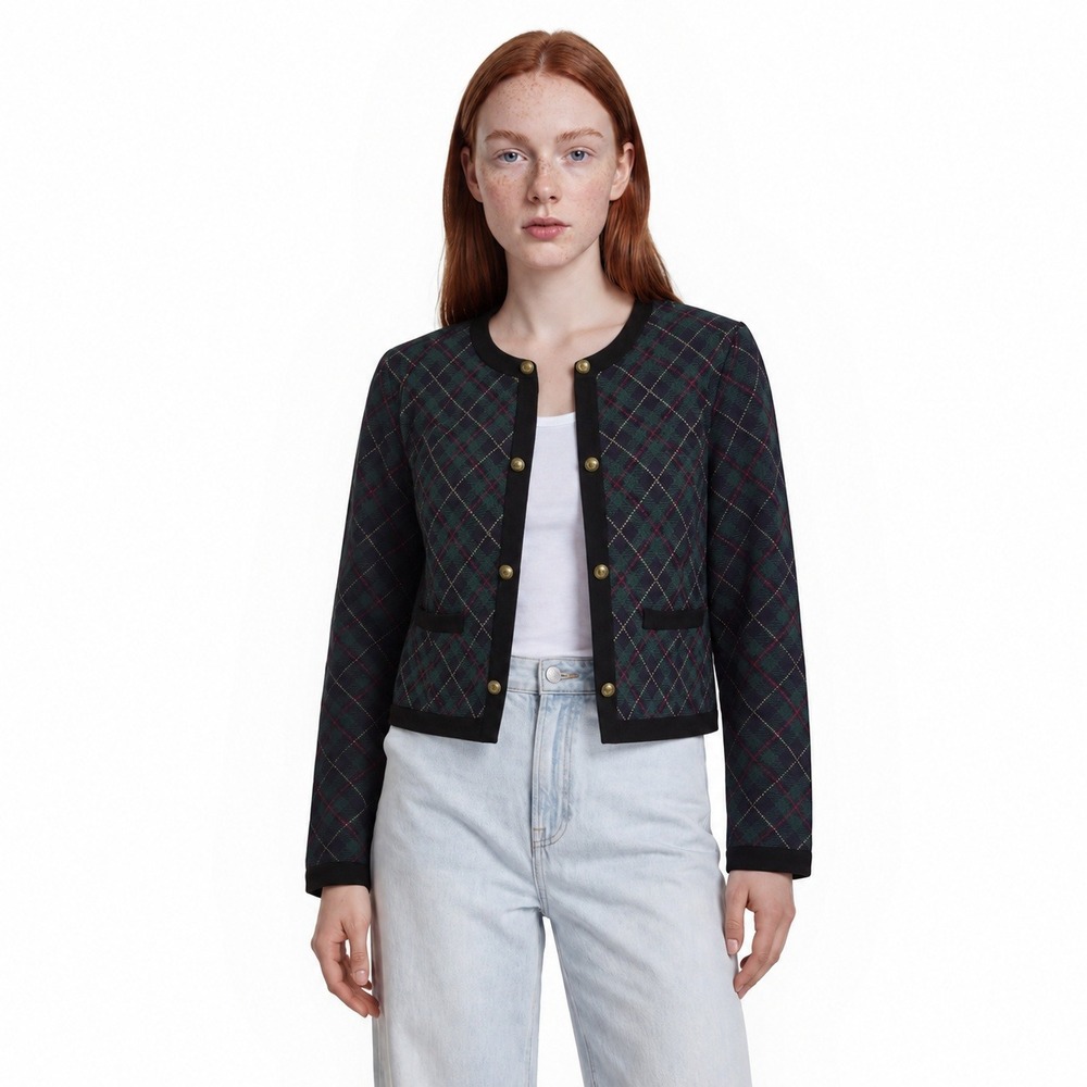 Tommy Hilfiger Military Cardigan Sweater Women's Size 3X Plaid Metallic Crest